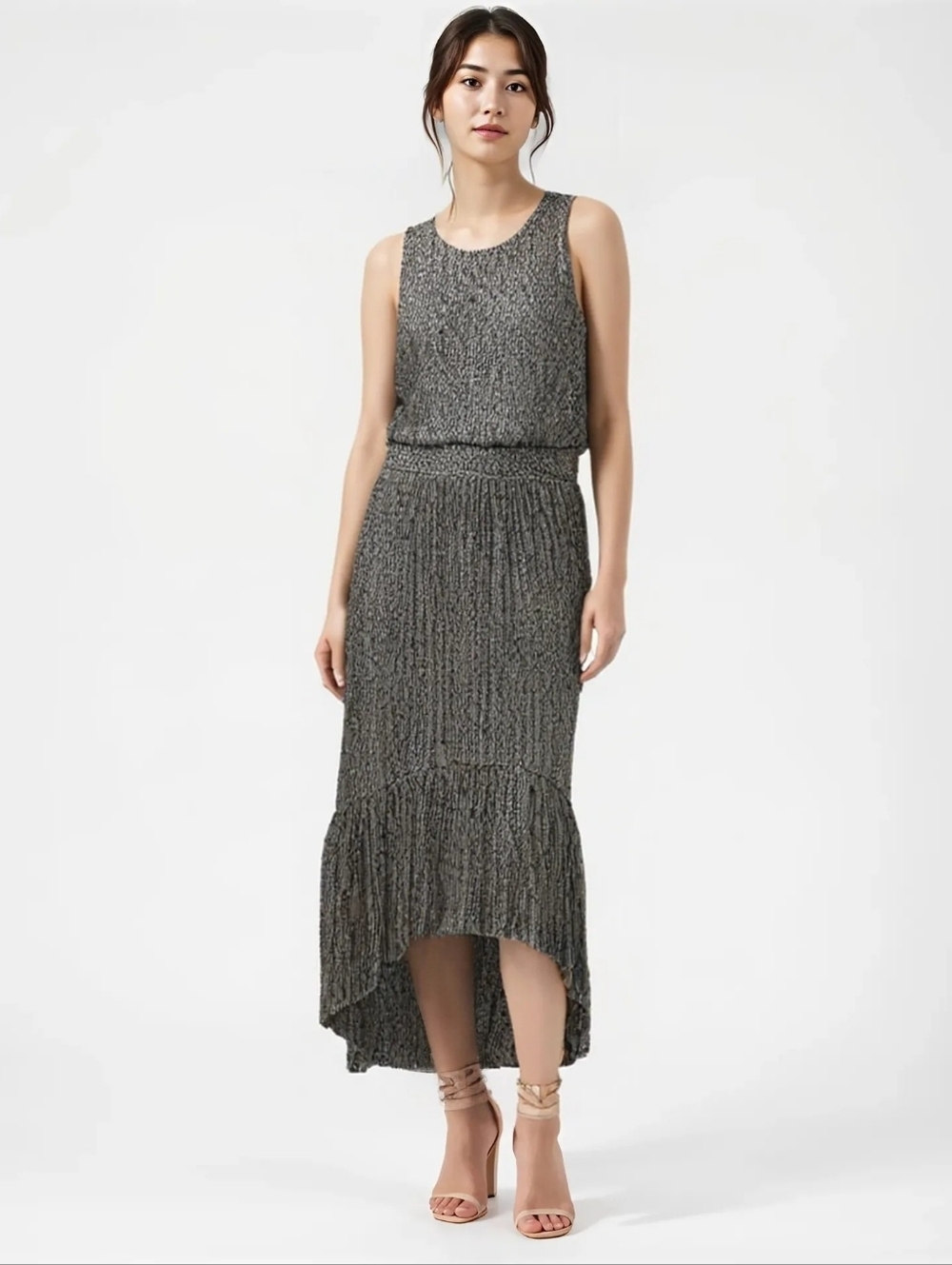 Banana Republic Metallic Plissé High-Low Midi Dress Silver Shimmer Smocked Waist